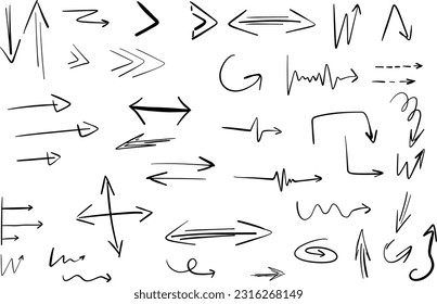Handgezeichnete Pfeile. Pfeilmarkensymbole. Stock-Vektorgrafik der Pfeilfarbe. Abwischen des Symbolzeichens.