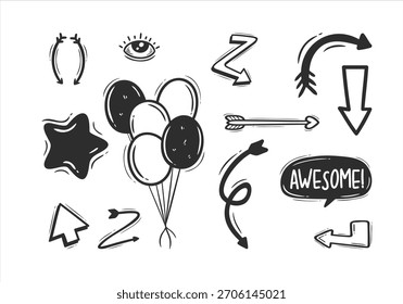 Conjunto de Doodle de flechas y globos dibujados a mano. Elementos Doodle en blanco y negro con texto "impresionante".