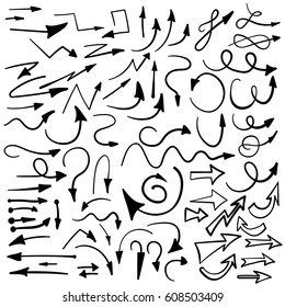 Hand drawn arrows big set. Isolated elements on white background. Vector illustration.