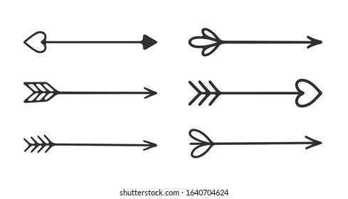 Hand drawn arrows. Black arrows. Cupid's arrow. Vector arrows set. 
Valentines day symbol. Heart icon. Hand drawn doodle. Love sign. Pointers arrows. Archery. Direction signs. Arrow with feather.