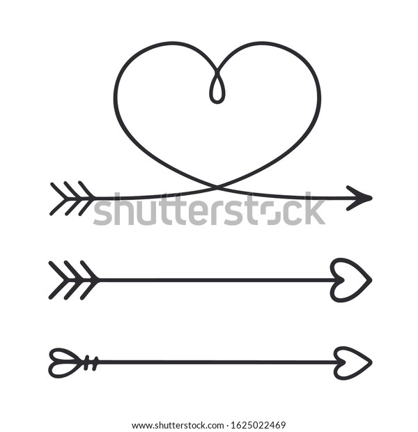 Hand drawn arrows. Black arrows. Cupid\'s arrow. Vector\
arrows set. \
Valentines day symbol. Heart icon. Hand drawn doodle.\
Love sign. \

