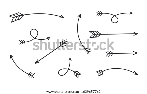 Hand drawn arrows. Black arrows. Cupid\'s arrow.\
Vector arrows set. \
Valentines day symbol. Heart icon. Hand drawn\
doodle. Love sign. Pointers arrows. Archery. Direction signs. Arrow\
with feather.