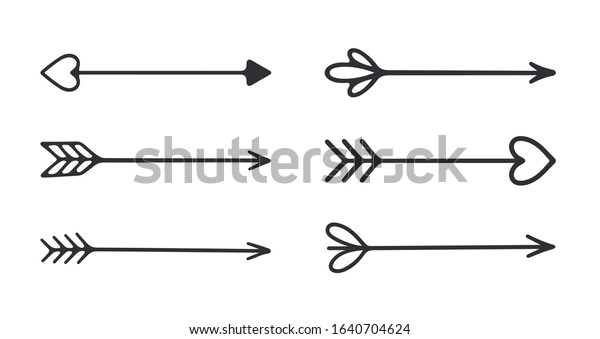 Hand drawn arrows. Black arrows. Cupid\'s arrow.\
Vector arrows set. \
Valentines day symbol. Heart icon. Hand drawn\
doodle. Love sign. Pointers arrows. Archery. Direction signs. Arrow\
with feather.