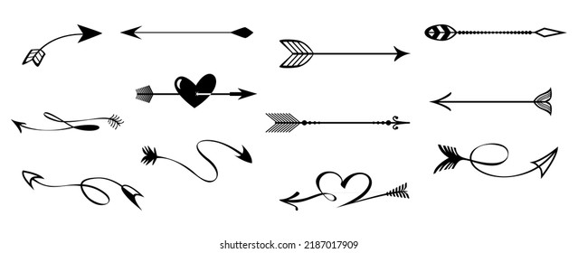 Hand drawn arrows. Black arrows. Arrows sketch, 

Black  White, Heart,Swirl, twisted, 

curved, Love. arrow curved sketch love sign.

