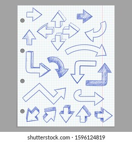 Hand drawn arrows. Blue doodles on lined paper background. Vector illustration