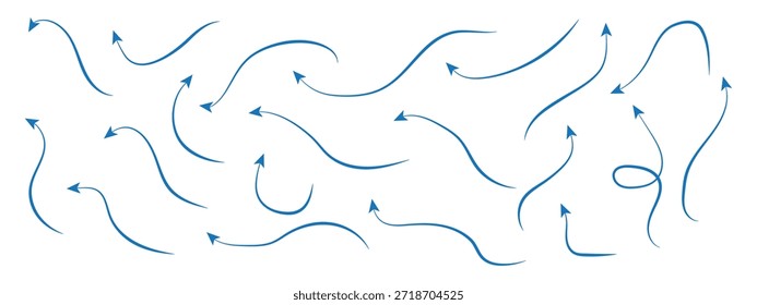 Setas desenhadas à mão. Setas azuis desenhadas à mão sobre fundo branco. Setas de doodle abstratas Linha fina preta em muitas coleções na ilustração vetorial.