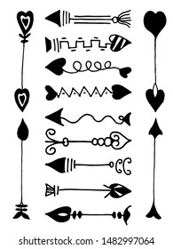 Hand drawn arrows, borders set with hearts, wings, for wedding greeting cards, posters. Vector design elements