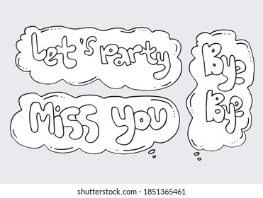 Hand Drawn Arrows, Borders Set With Handwritten Text: Let's Party,miss You,bye Bye. Vector Icon.