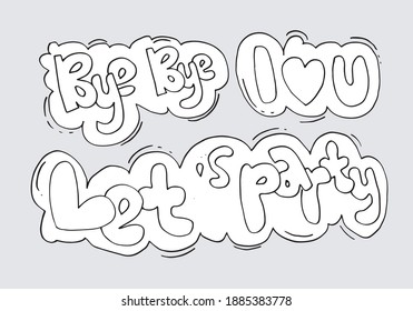 Hand Drawn Arrows, Borders Set With Handwritten Text: Let's Party,I Love U,bye Bye. Vector Icon.