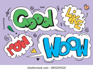 Hand drawn arrows, borders set with handwritten text:good,like,pow,woow. Vector icon.