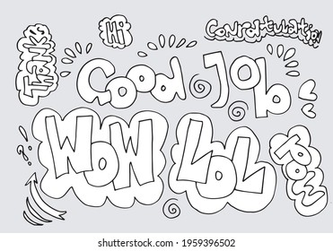 Hand drawn arrows, borders set with handwritten text: good job,wow,lol,pow,hi,thank's,congratulation. Vector icon.