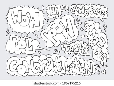 Hand drawn arrows, borders set with handwritten text: wow,pow,lol,hi,awesome,amazing,thank's,congratulation. Vector icon.