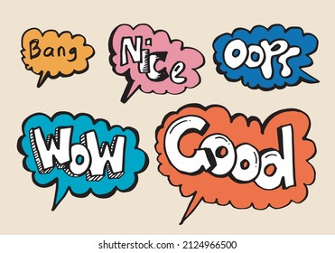 Hand drawn arrows, borders set with handwritten text:good,bang,oops,nice,wow. Vector icon.