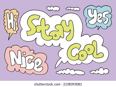 Hand drawn arrows, borders set with handwritten text: hi, yes, nice and stay cool. Vector icon.