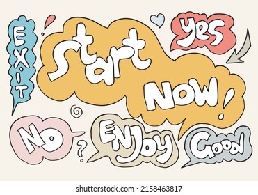 Hand drawn arrows, borders set with handwritten text exit, start now, yes, no, enjoy, good. Vector icon.