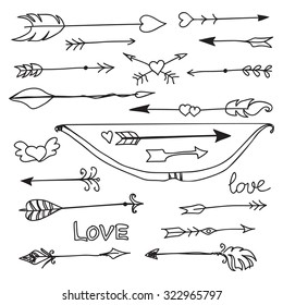 hand drawn arrows and bow collection, vector illustration