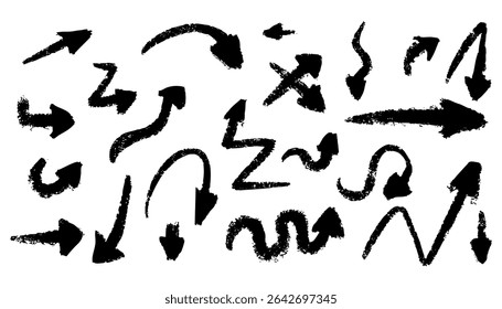 Hand drawn arrows in charcoal texture. Doodle sketch set with curved, straight, wavy directions. Vector marker-like scribbles for notes, diagrams, or presentations.