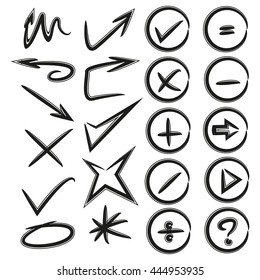 hand drawn arrows, check marks, math signs