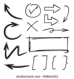 hand drawn arrows, check marks, markers