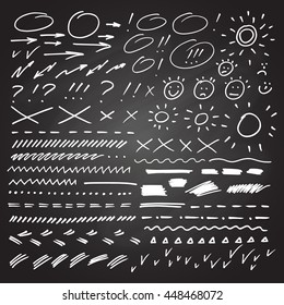 Hand drawn arrows, circles and abstract doodle on chalkboard. Vector illustration.