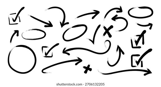 Flechas dibujadas a mano, círculos, marcas de verificación y marcas x en tinta negra sobre un fondo blanco. Elementos de diseño estilo Doodle.