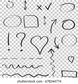 Hand drawn arrows and circles icon set. Collection of pencil sketch symbols. Vector illustration on isolated background.