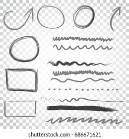 Hand drawn arrows and circles icon set. Collection of pencil sketch symbols. Vector illustration on isolated background. Simple business concept pictogram.
