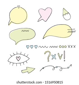 Hand drawn arrows, circles, lines, heart, stickers, footnotes, links, frames, lines set doodle daub style.1