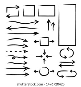 Hand drawn arrows circles set. Vector abstract doodle writing, simple grunge ink pen arrows, circles, rectangle, pointer sketch