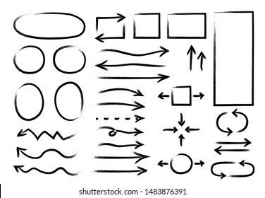 Hand Drawn Arrows Circles Set. Vector Abstract Doodle Writing, Simple Grunge Ink Pen Arrows, Circles, Ellipse, Rectangle, Pointer Sketch