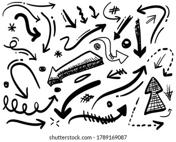 hand drawn Arrows collection. arrow icon with various directions. Doodle vector design elements