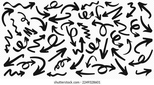 Colección de flechas dibujadas a mano. Conjunto de flechas. Iconos de flecha del vector. Las flechas se establecen aisladas en un fondo transparente. Flechas dibujadas a mano en grunge negro. 