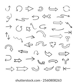 Hand drawn arrows collection. Black brush, marker drawn arrows. Grunge doodle different directions. Isolated  vector arrows charcoal arrows, direction pointers icons. sketch plan and education.