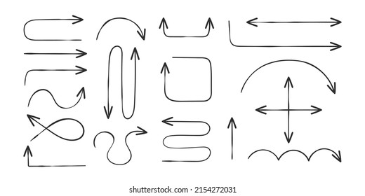 Hand drawn arrows collection. Doddle arrows. Sketch linear arrows. Vector icons