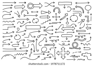 Hand drawn arrows, collection of more than 100 doodle arrows, vector eps10 illustration