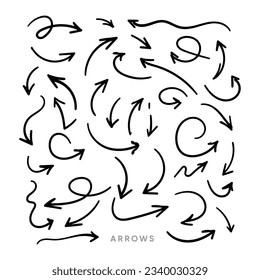 Hand drawn arrows collection Set simple flat arrows isolated on white background. Arrow mark icons and arrow paint. Stock vector. EPS10.