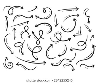 Hand drawn arrows collection Set simple flat arrows isolated on white background. Arrow mark icons and arrow paint. Stock vector. EPS10.