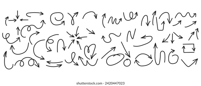 hand drawn arrows Collection. Set of vector curved arrows hand drawn. Sketch doodle style. Set simple arrows isolated on white background. Arrow mark icons. Arrow paint.