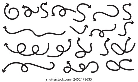 Flechas dibujadas a mano colección Establecer flechas planas simples aisladas sobre fondo blanco. Iconos de marcas de flecha y pintura de flecha. Vector estándar. EPS10.