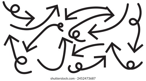 Hand drawn arrows collection Set simple flat arrows isolated on white background. Arrow mark icons and arrow paint. Stock vector. EPS10.