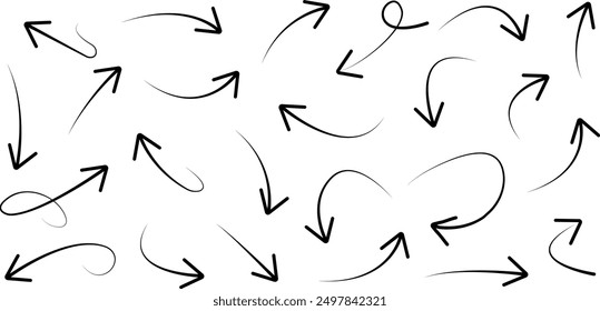 Hand drawn arrows collection Set simple flat arrows isolated on white background. Arrow mark icons and arrow paint. Stock vector illustration.