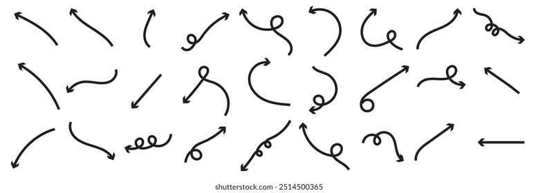 Hand drawn arrows collection Set simple flat arrows isolated on white background. Arrow mark icons and arrow paint. Set of black hand drawing arrows doodle. Hand draw arrow set. Doodle arrows.