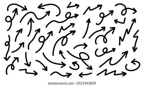 Hand drawn arrows collection Set simple flat arrows isolated on white background. Arrow mark icons and arrow paint. Stock vector. EPS10.