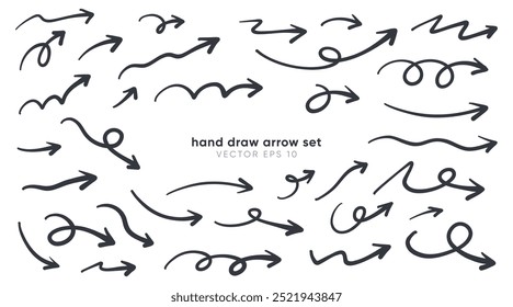 Hand drawn arrows collection Set simple flat arrows isolated on white background. Arrow mark icons and arrow paint. Stock vector. EPS10.