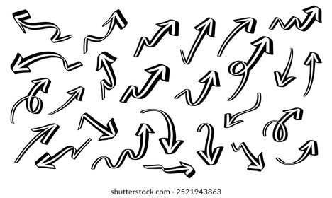 Hand drawn arrows collection Set simple flat arrows isolated on white background. Arrow mark icons and arrow paint. Stock vector. EPS10.