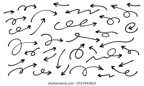 Hand drawn arrows collection Set simple flat arrows isolated on white background. Arrow mark icons and arrow paint. Stock vector. EPS10.