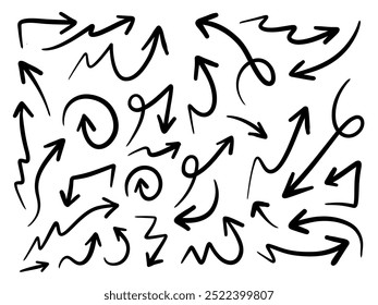 Hand drawn arrows collection Set simple flat arrows isolated on white background. Arrow mark icons and arrow paint. Stock vector. EPS10.