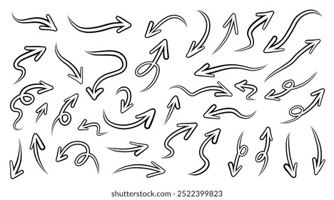 Handgezeichnete Pfeile Sammlung Einfache flache Pfeile einzeln auf weißem Hintergrund. Pfeilmarkensymbole und Pfeilfarbe. Stock-Vektor. EPS10.