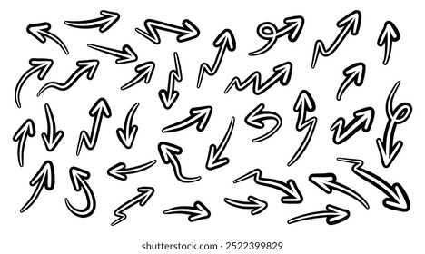 Hand drawn arrows collection Set simple flat arrows isolated on white background. Arrow mark icons and arrow paint. Stock vector. EPS10.