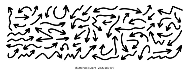 Hand drawn arrows collection Set simple flat arrows isolated on white background. Arrow mark icons and arrow paint. Stock vector. EPS10.